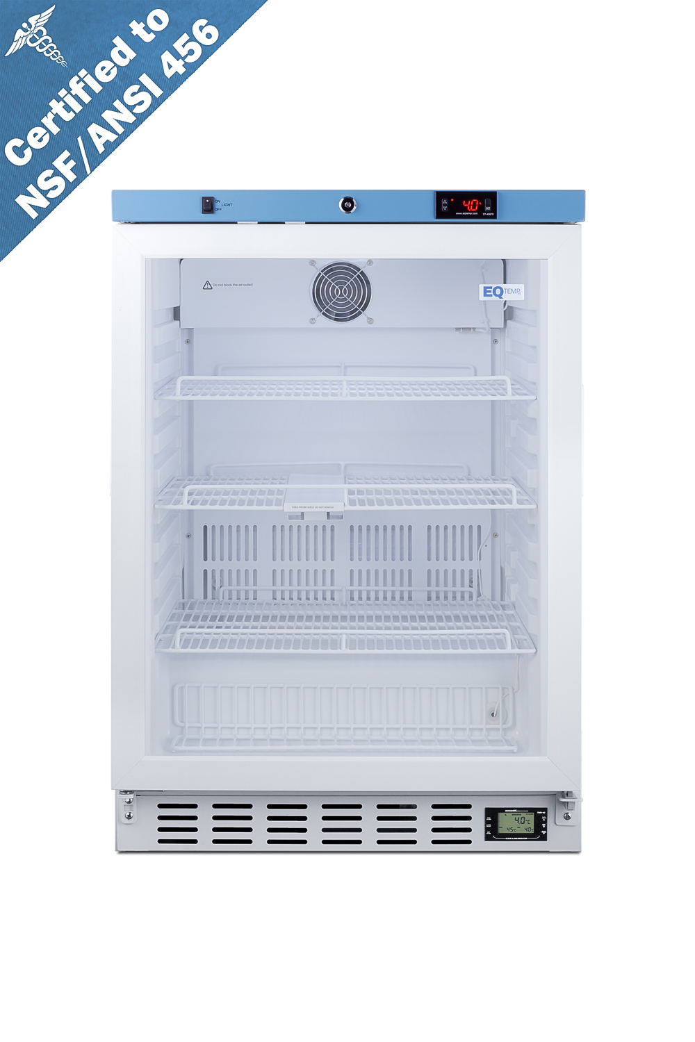 Built-In healthcare all-refrigerator certified to NSF/ANSI 456 with self-closing glass door, front lock, digital controls, and NIST calibrated temperature readout